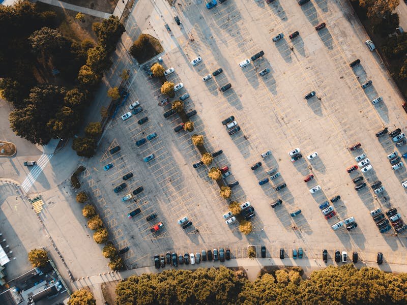 Aerial view of completed parking lot striping — Ontario
